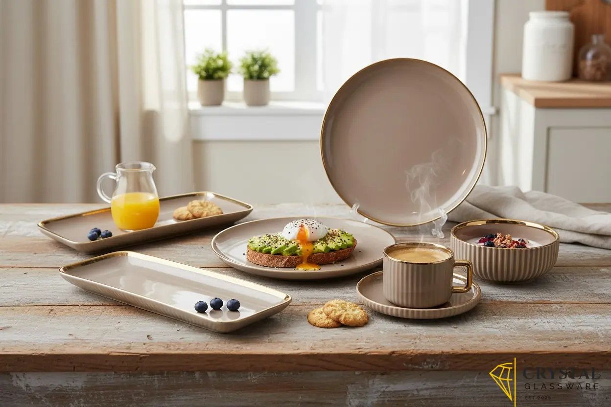 32-piece ceramic dinner set featuring a ribbed texture and gold trim